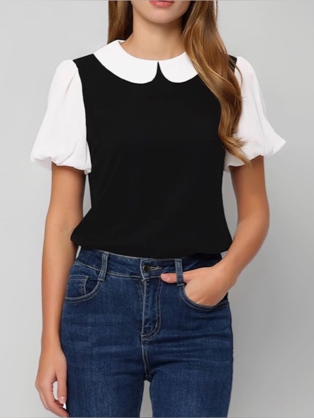 Women Shirt Peter Pan Collar Tunic Blouse Short Sleeve Puff Sleeves Contrast Top